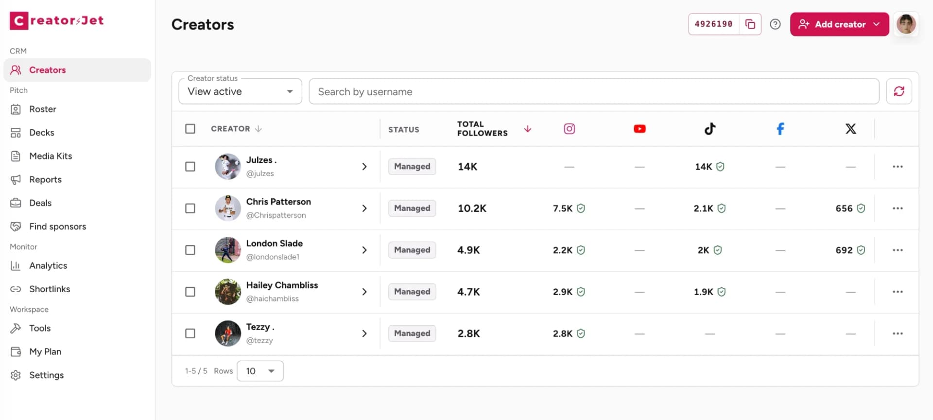 CreatorsJet Influencer CRM interface showing rosters, pitch decks, media kits, and creator profiles.