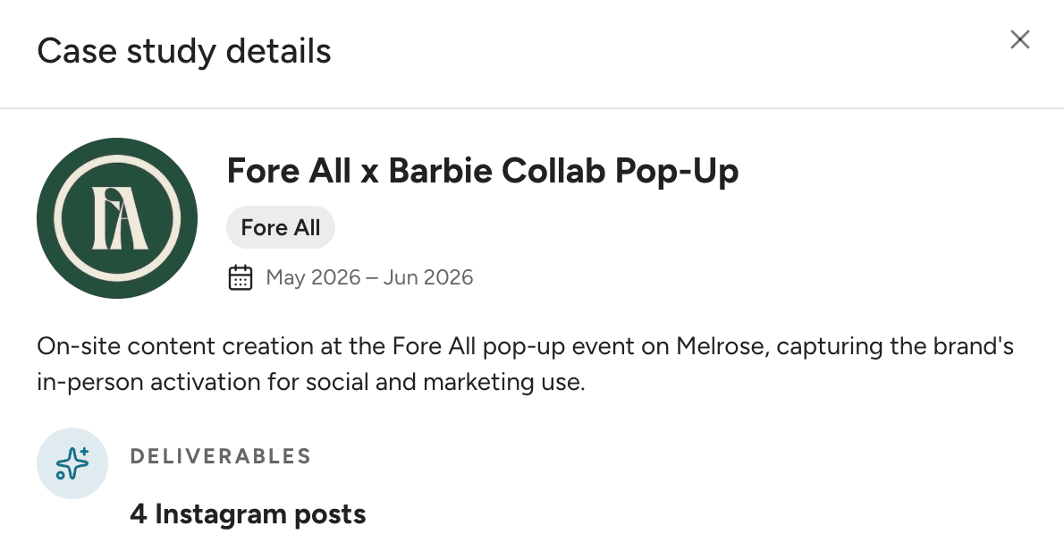Excerpt from Anthony Perschon’s kit describing content created at a Fore All pop-up event and listing four Instagram posts as deliverables.