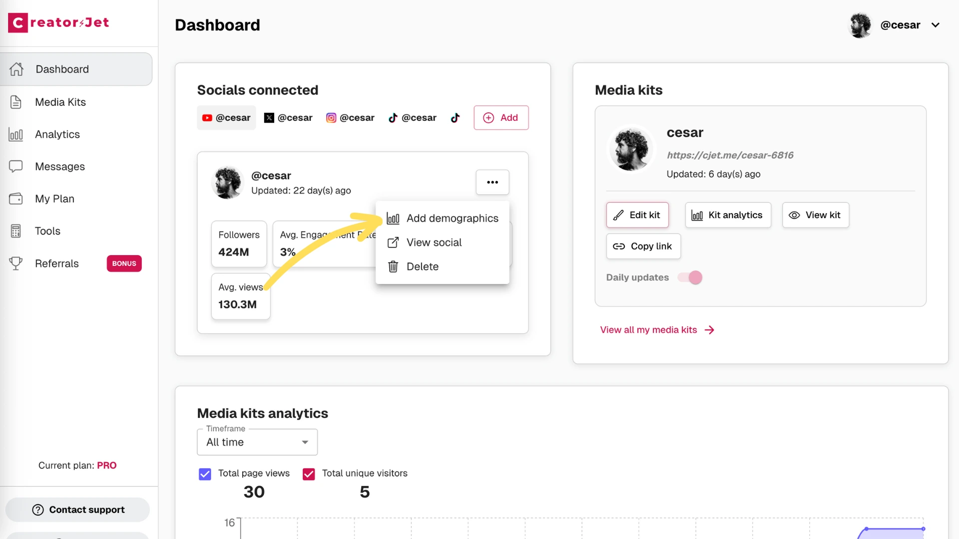 Editing audience demographics such as age, gender, and location for connected social accounts