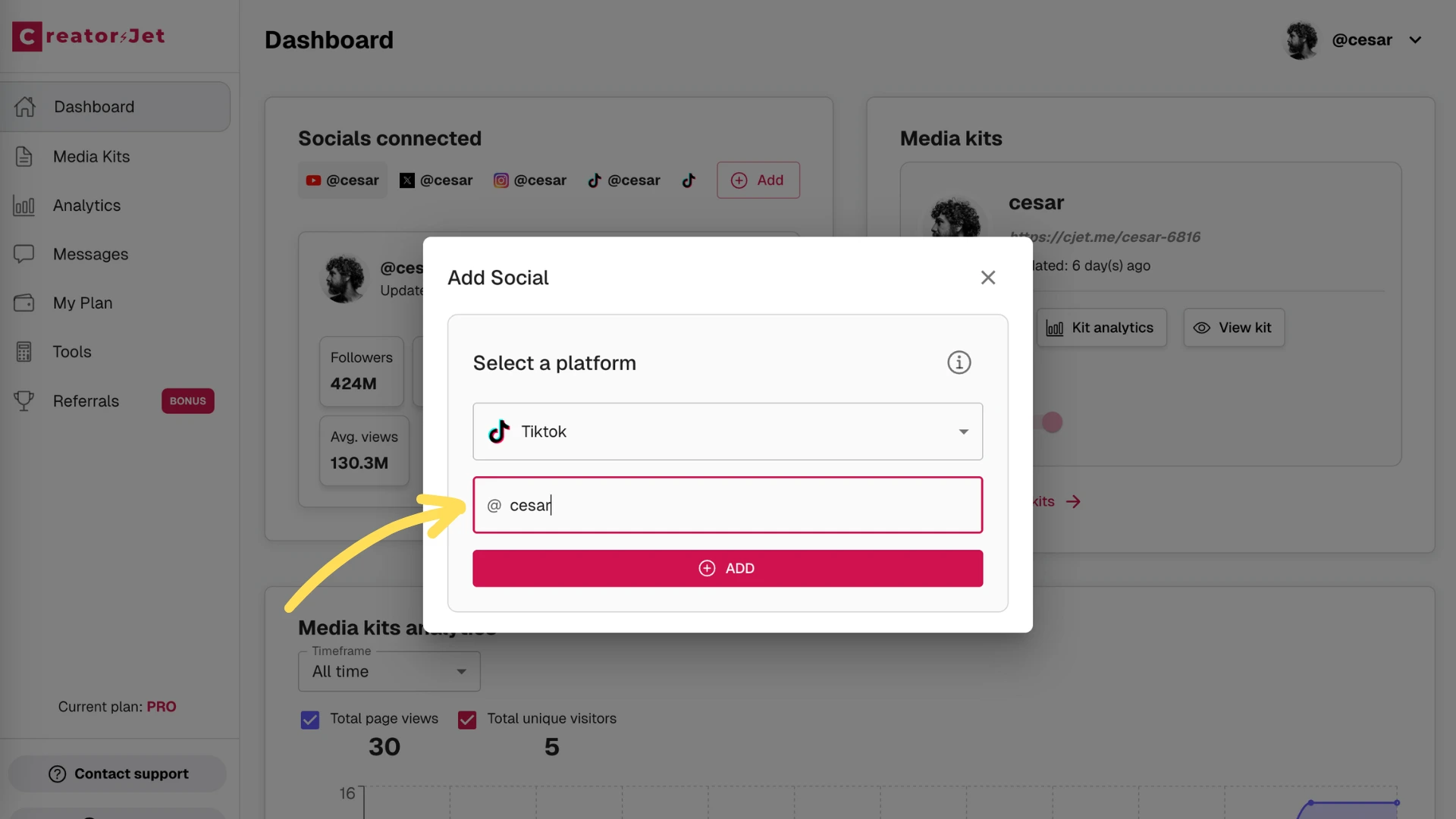 Form where you enter your social media handles to connect accounts