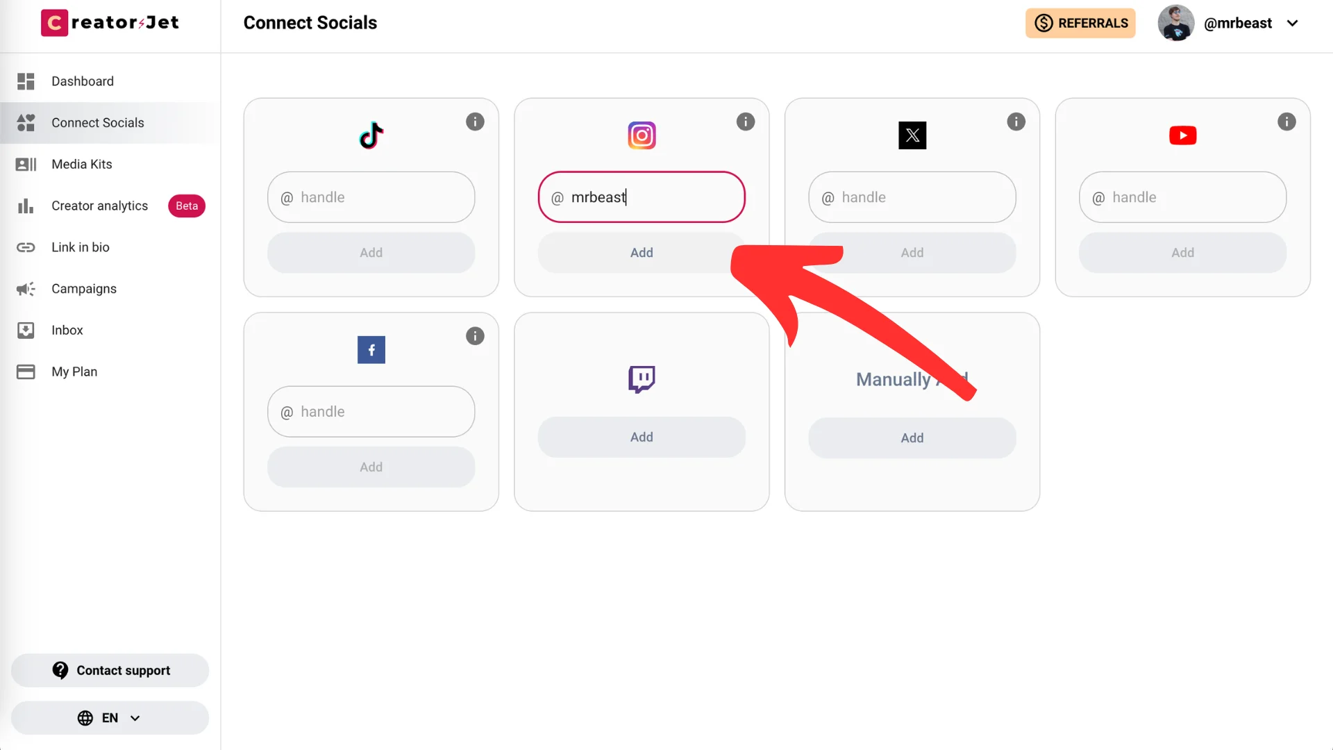 Now, fill in the handles of those that you want to connect. The moment you click "Add", your social media accounts will be connected to your CreatorsJet profile, which you can then use in your media kit.