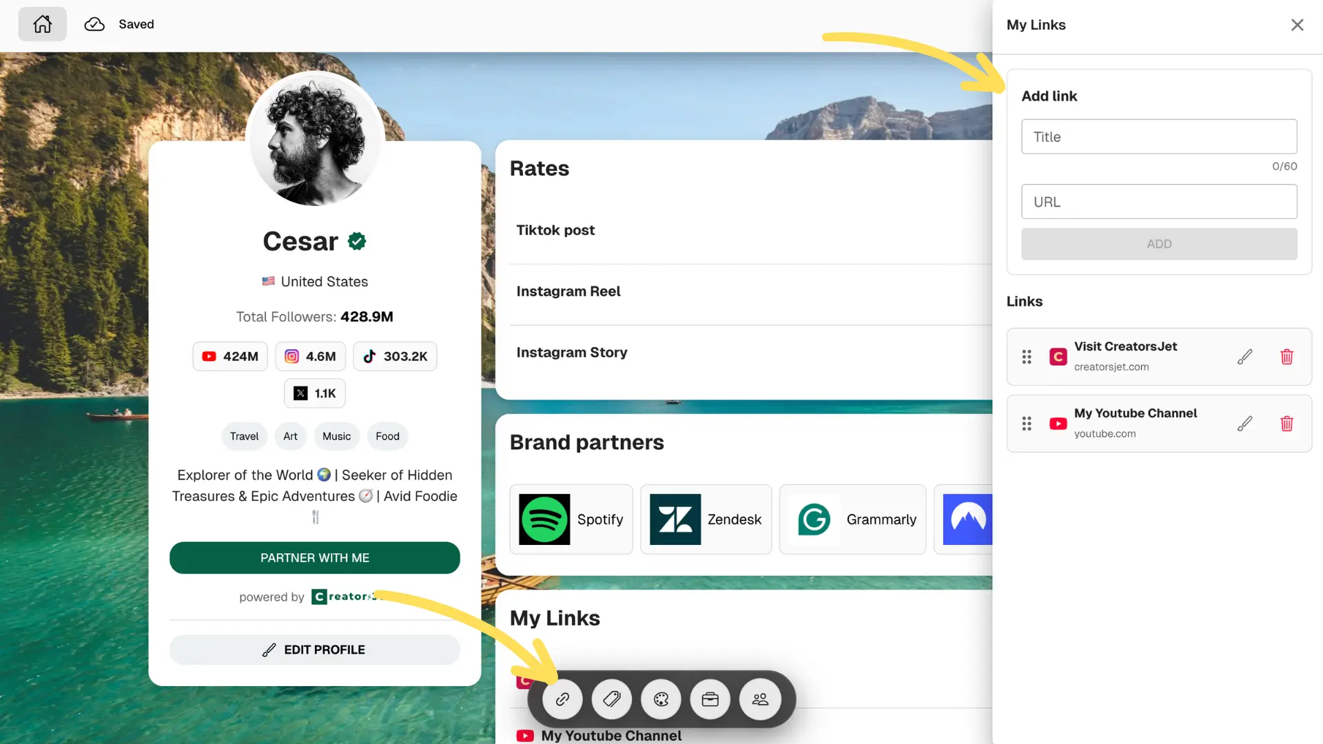 Media kit links editing interface