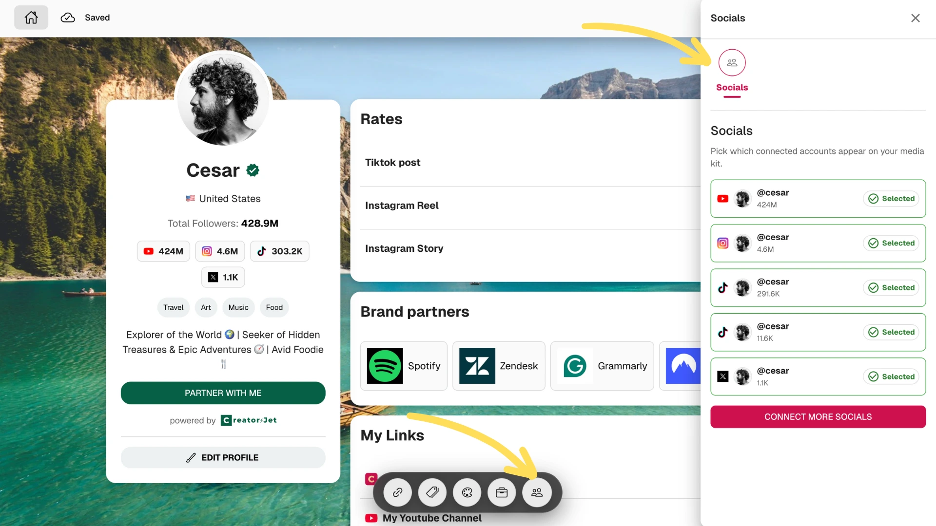 Connected social accounts editing screen