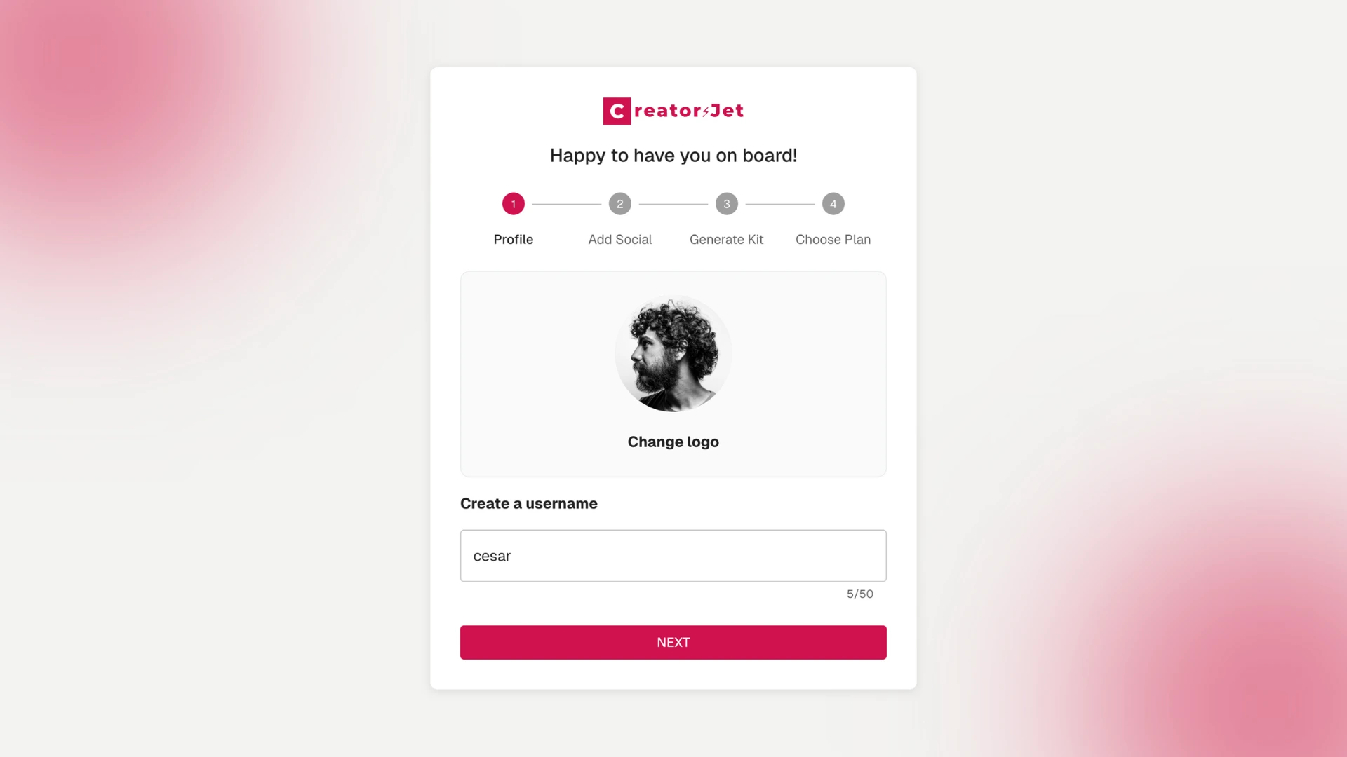 Welcome screen with profile and preferences fields