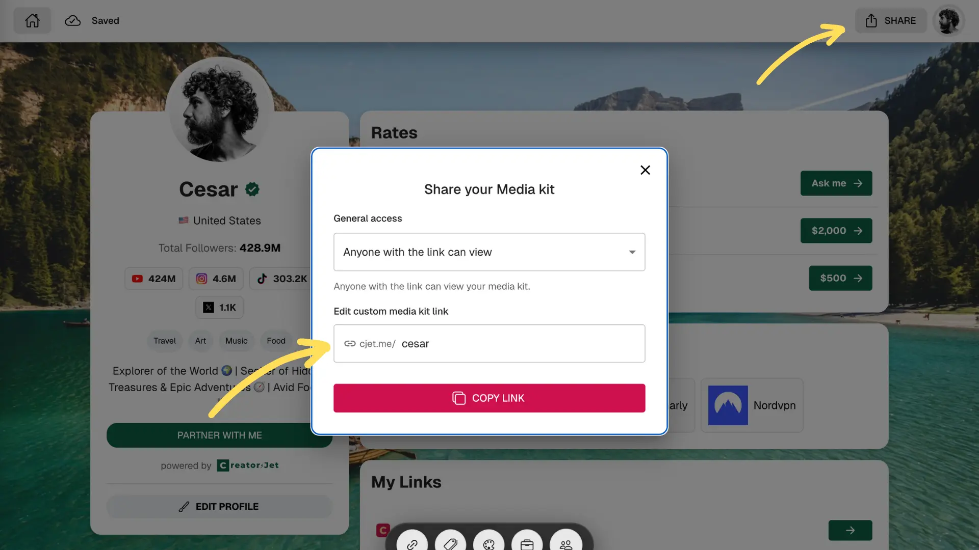 Screenshot of sharing the media kit
